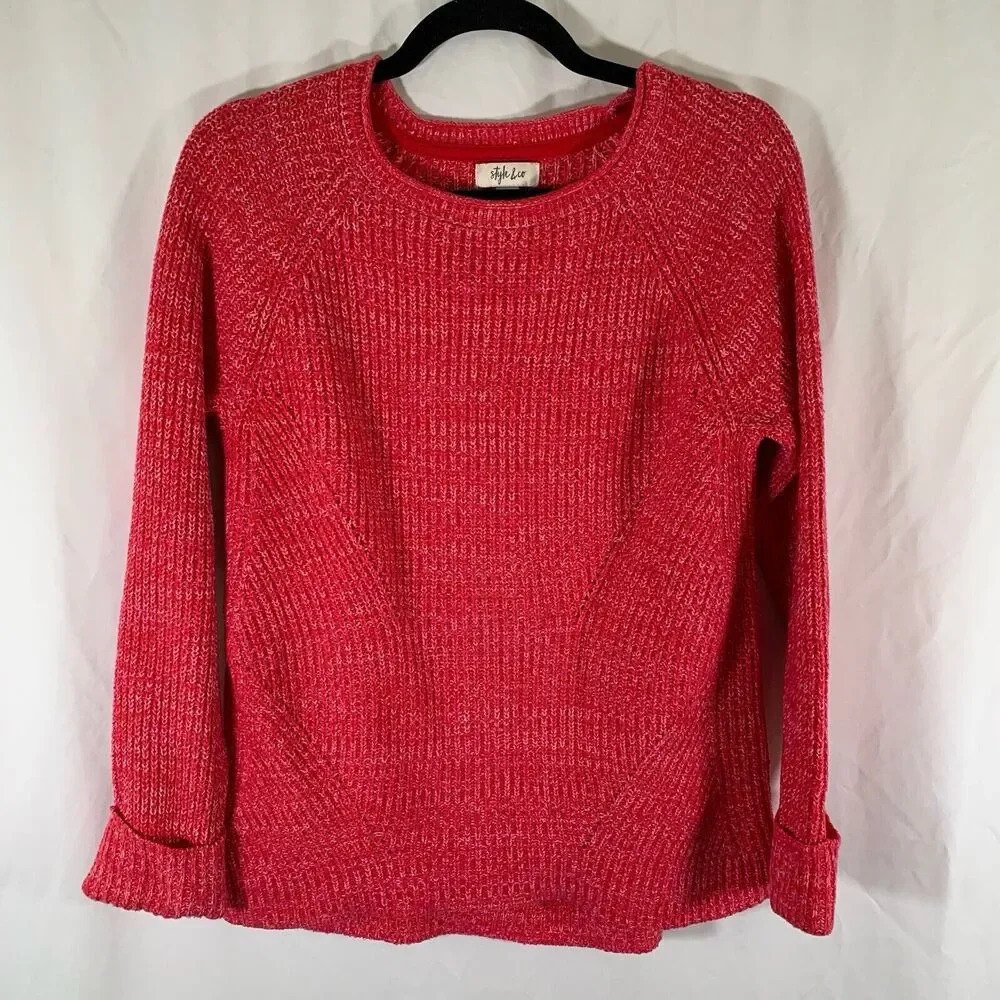 Style Co Sweater Women's Medium Pink Ribbed Knit Round Neck Long Sleeve